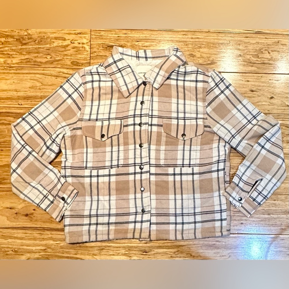 NWT Lucky Brand Women’s Beige White Plaid‎ Shacket Flannel Short Jacket Size L